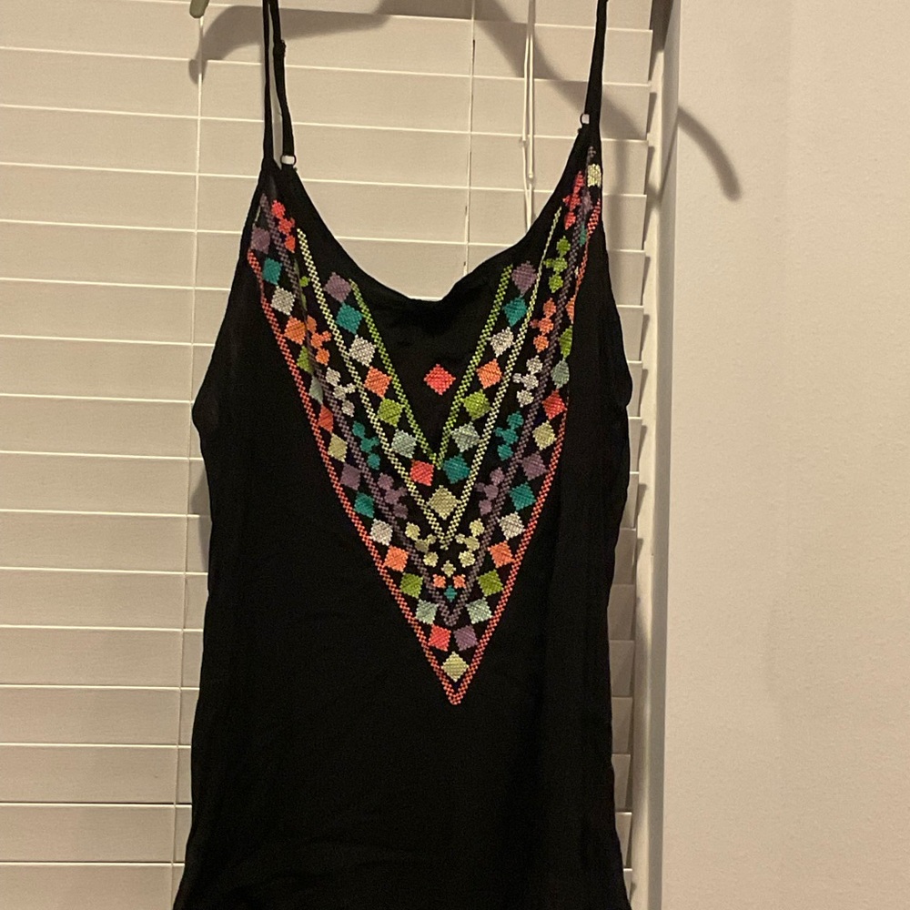 Black Embroidered V-Neck Cami Top - Multicolor Accents